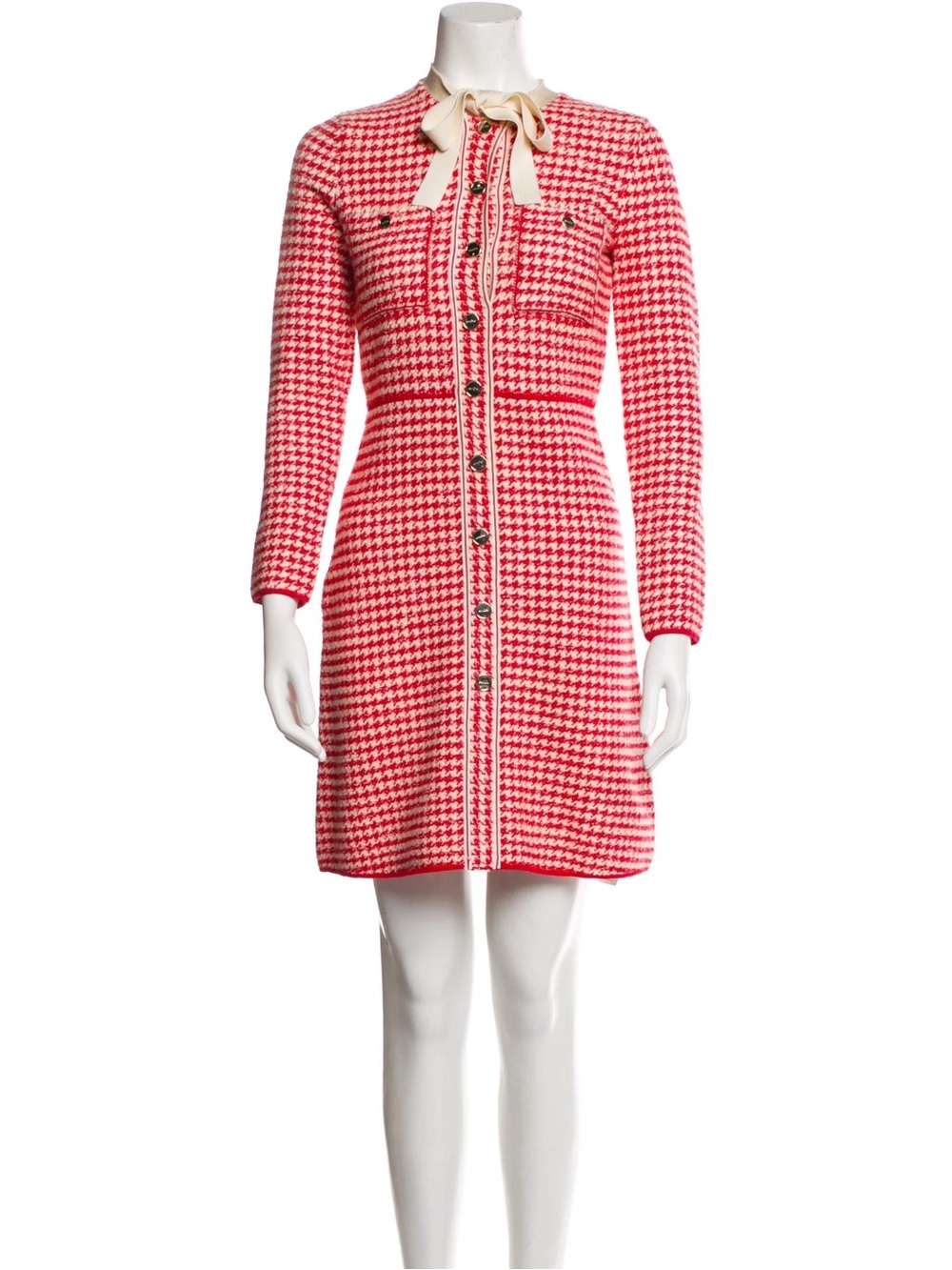 Sandro Red and Cream Houndstooth Long-Sleeve Knit Dress